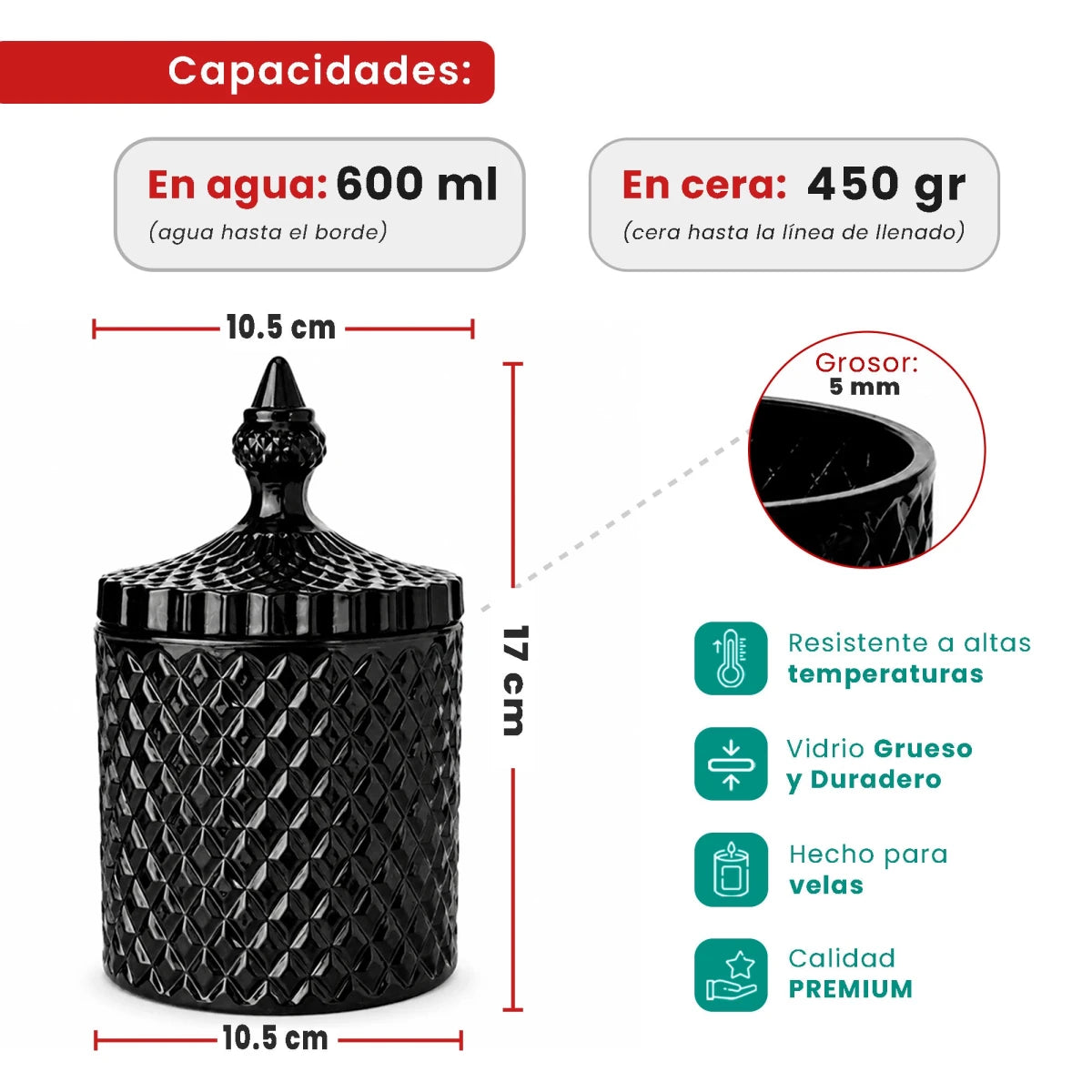 600ml - París Vaso de lujo de vidrio para velas - Frasco Negro Brillante - Candle Craft
