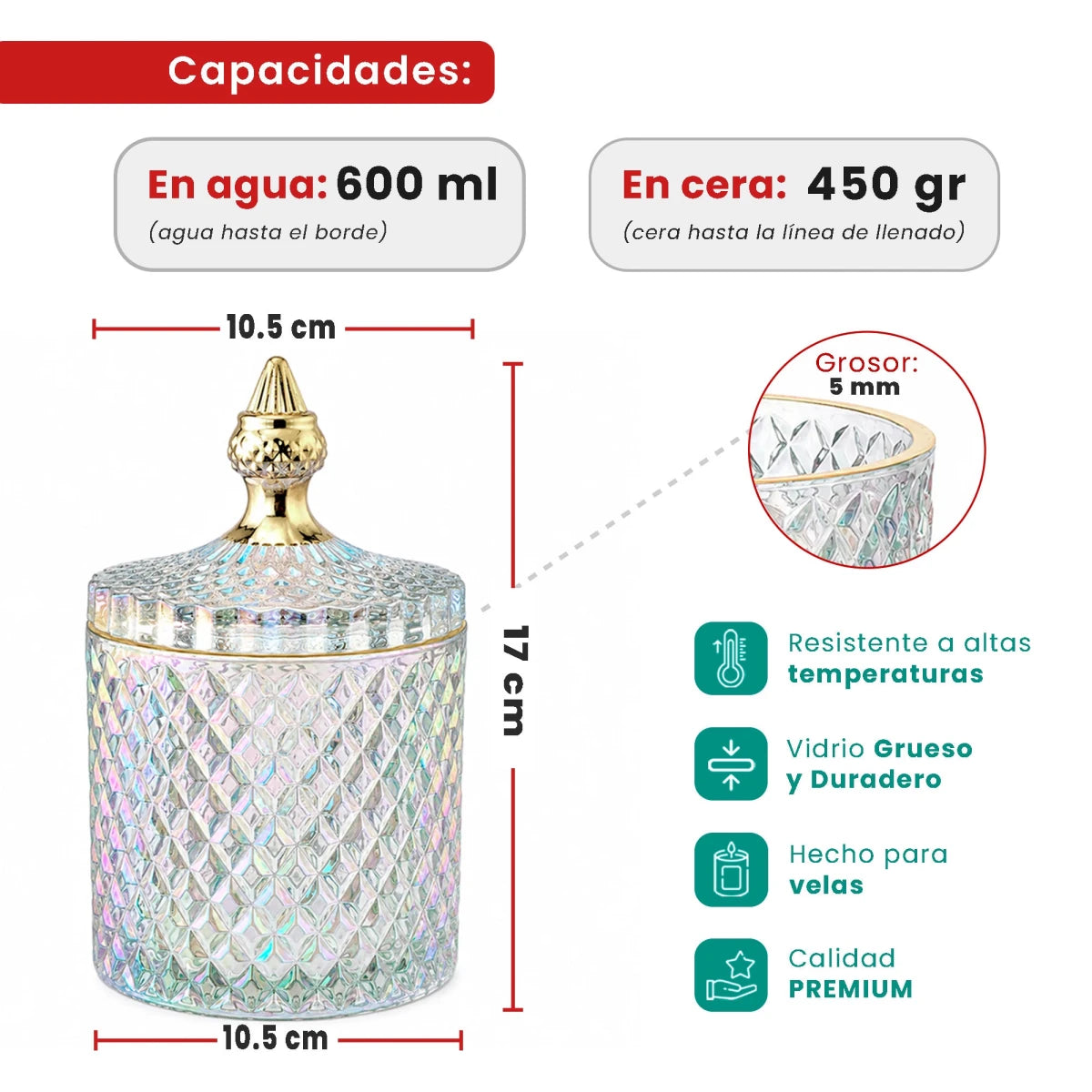 600ml - París Vaso de lujo de vidrio para velas - Frasco Tornasol Brillante con Oro - Candle Craft