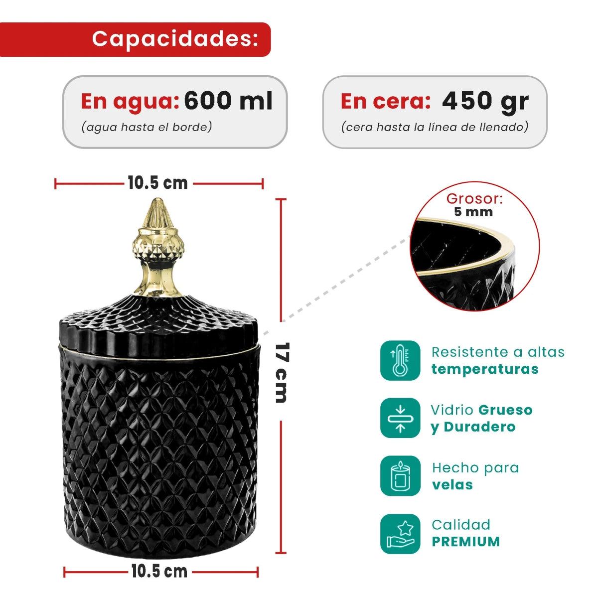 600ml - París Vaso de lujo de vidrio para velas - Negro Brillante con Oro - Candle Craft