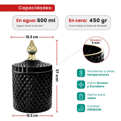 600ml - París Vaso de lujo de vidrio para velas - Negro Brillante con Oro - Candle Craft