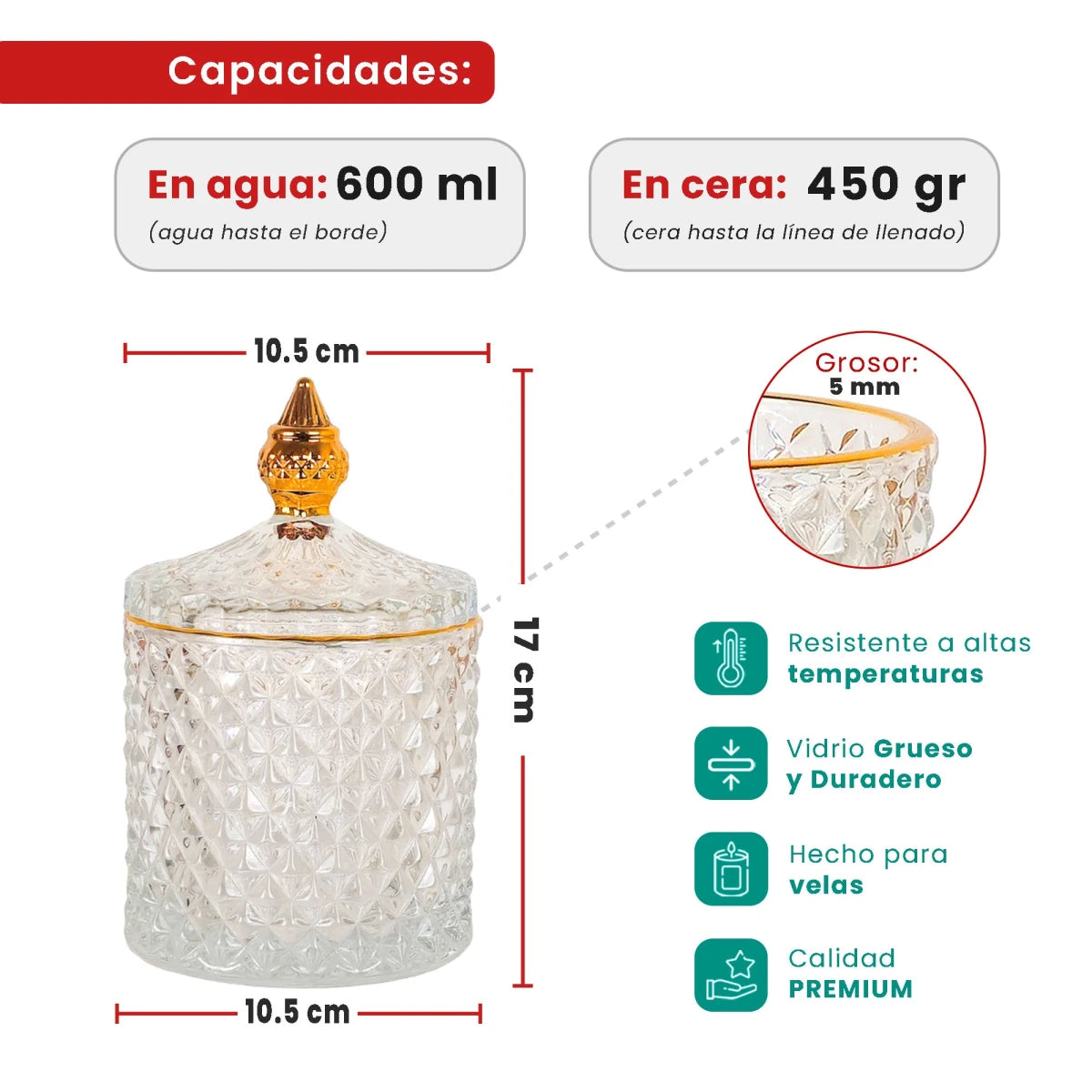 600ml - París Vaso de lujo de vidrio para velas - Transparente con Oro - Candle Craft