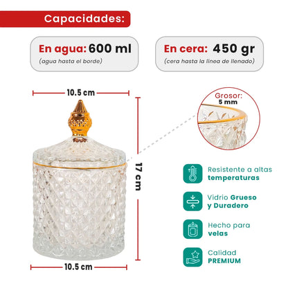600ml - París Vaso de lujo de vidrio para velas - Transparente con Oro - Candle Craft