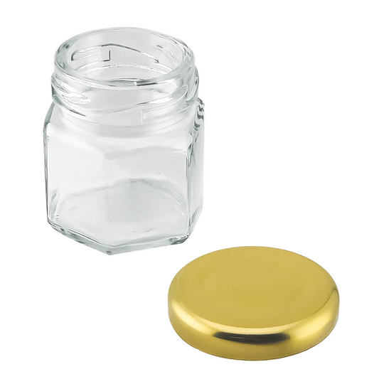 60ml - Vaso de Vidrio Hexagonal para Velas - Frasco con Tapa Dorada de Aluminio - Candle Craft