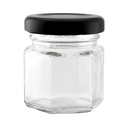 60ml - Vaso de Vidrio Hexagonal para Velas - Frasco con Tapa Negra Brillante de Aluminio - Candle Craft