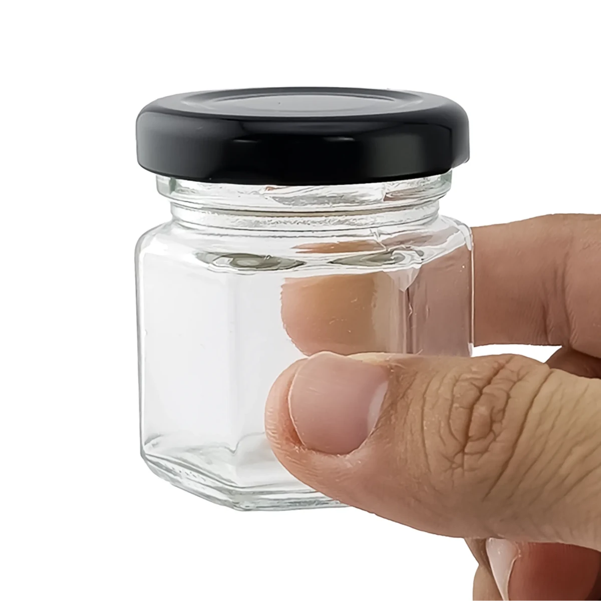 60ml - Vaso de Vidrio Hexagonal para Velas - Frasco con Tapa Negra Brillante de Aluminio - Candle Craft