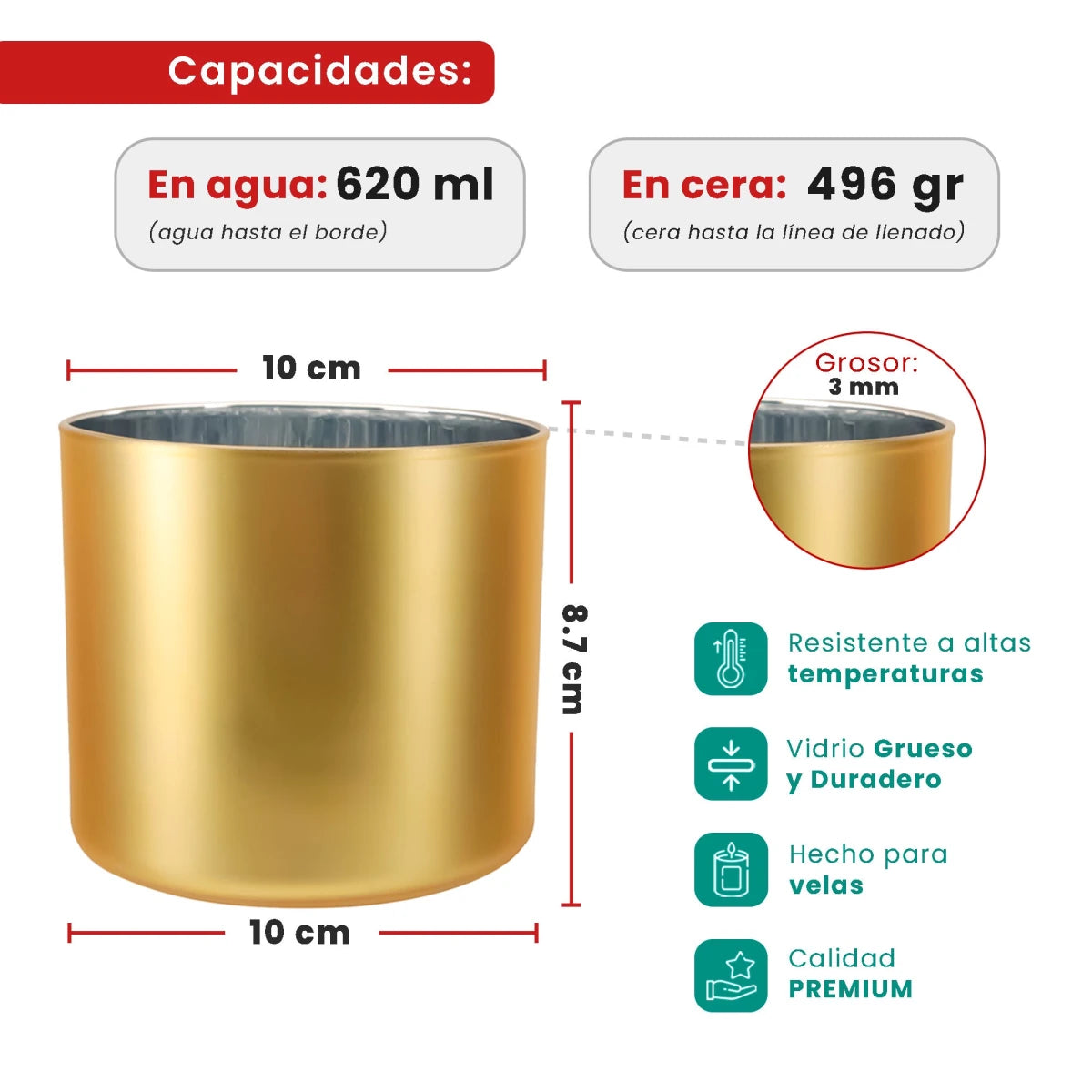 620ml - Mónaco Vaso de vidrio para velas - Inspirado en Bath Body Works® / White Barn® - Dorado Claro Mate / Metálico - Candle Craft