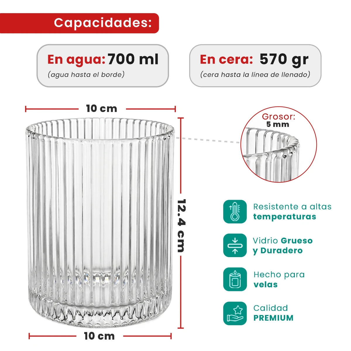 700ml - Mónaco Vaso de Vidrio Acanalado - Vaso Estriado para Velas - Cristal Transparente - Candle Craft