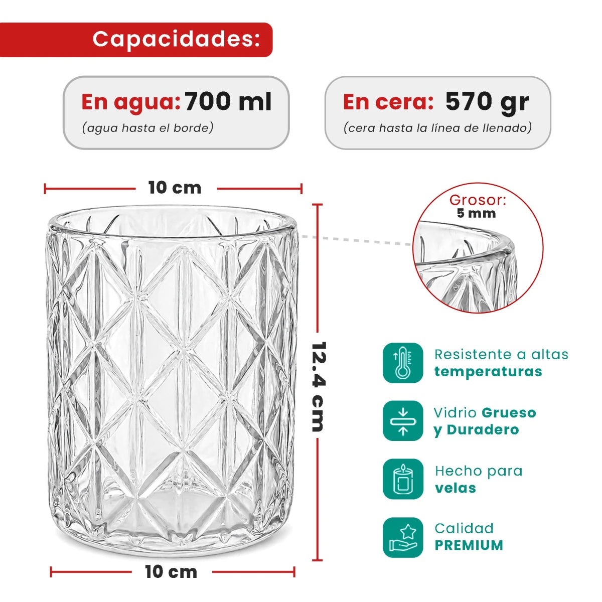 700ml - Mónaco Vaso de Vidrio Diseño Diamante - Vaso con Rombos para Velas - Cristal Transparente - Candle Craft