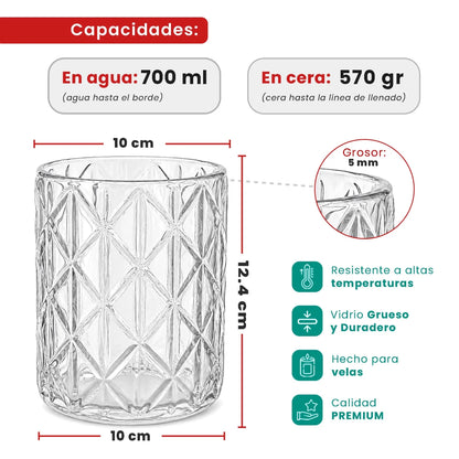 700ml - Mónaco Vaso de Vidrio Diseño Diamante - Vaso con Rombos para Velas - Cristal Transparente - Candle Craft
