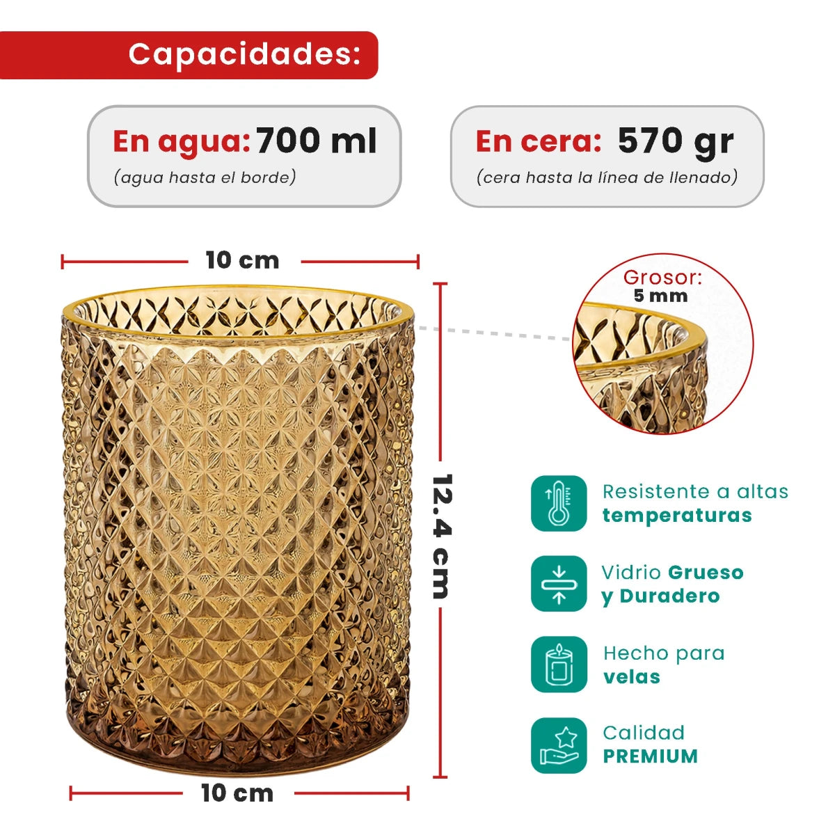 700ml - Paris Vaso de Vidrio con diseño Diamante - Frasco para Velas - Ámbar Transparente con Oro - Candle Craft