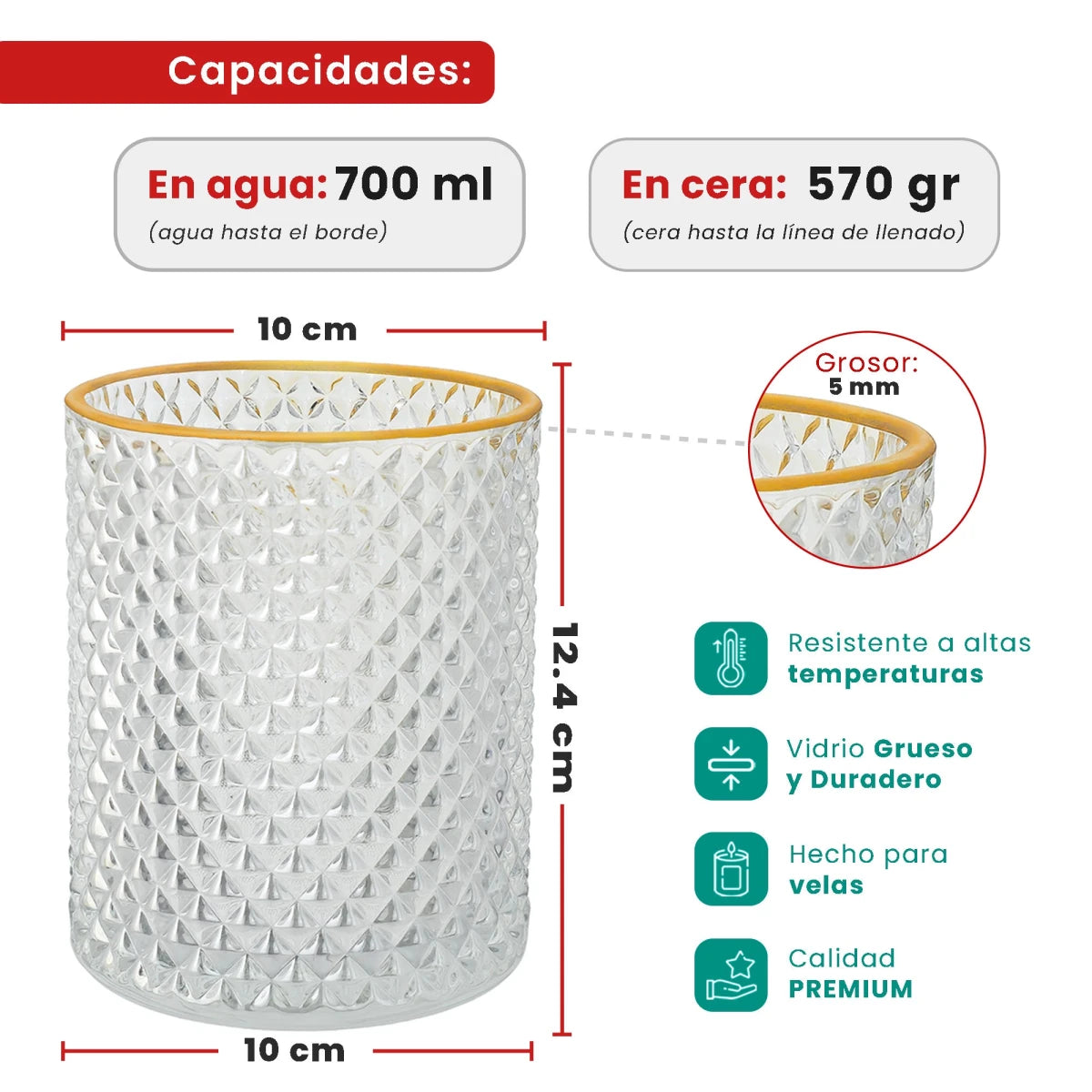 700ml - París Vaso de Vidrio con diseño Diamante - Frasco para Velas - Cristal Transparente con Oro - Candle Craft