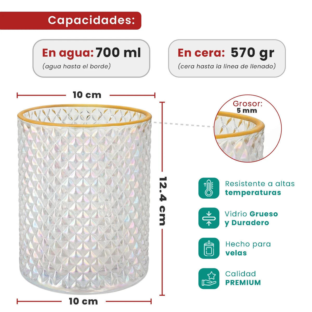 700ml - París Vaso de Vidrio con diseño Diamante - Frasco para Velas - Tornasol Transparente con Oro - Candle Craft