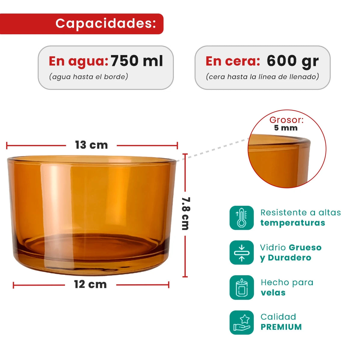 750ml - Mónaco Vaso de vidrio para velas - Ámbar Transparente - Candle Craft