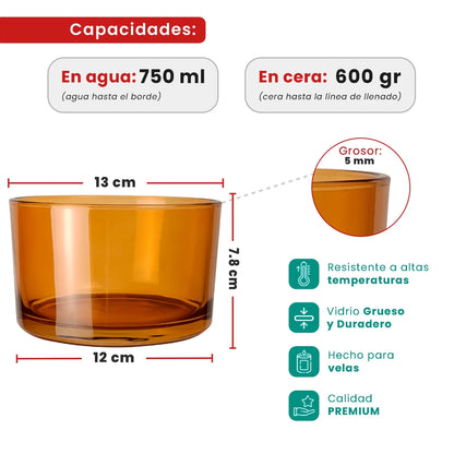 750ml - Mónaco Vaso de vidrio para velas - Ámbar Transparente - Candle Craft