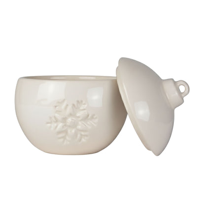 Esfera Navideña de Cerámica con Relieve de Copo de Nieve – Vasos para Velas Navideñas 220 ml - Blanca (Edición Especial de Navidad)