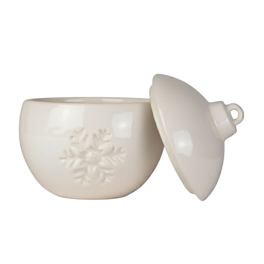 Esfera Navideña de Cerámica con Relieve de Copo de Nieve – Vasos para Velas Navideñas 220 ml - Blanca (Edición Especial de Navidad)