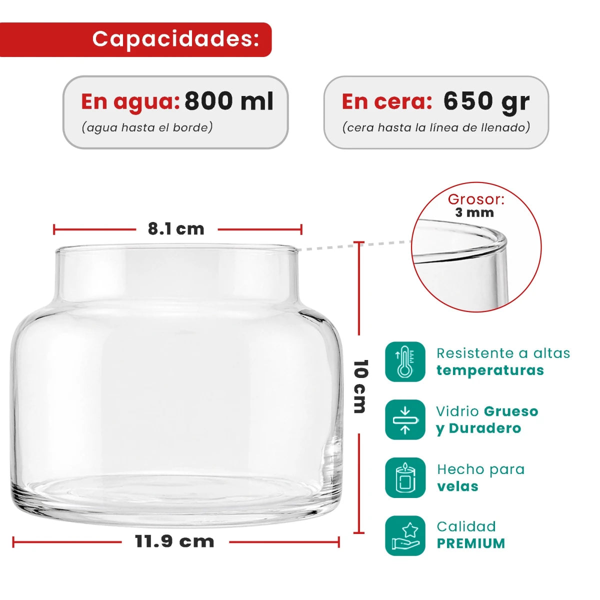 800ml - Porto Vaso de Vidrio Redondo - Frasco Tipo Botica para Velas - Cristal Transparente - Candle Craft