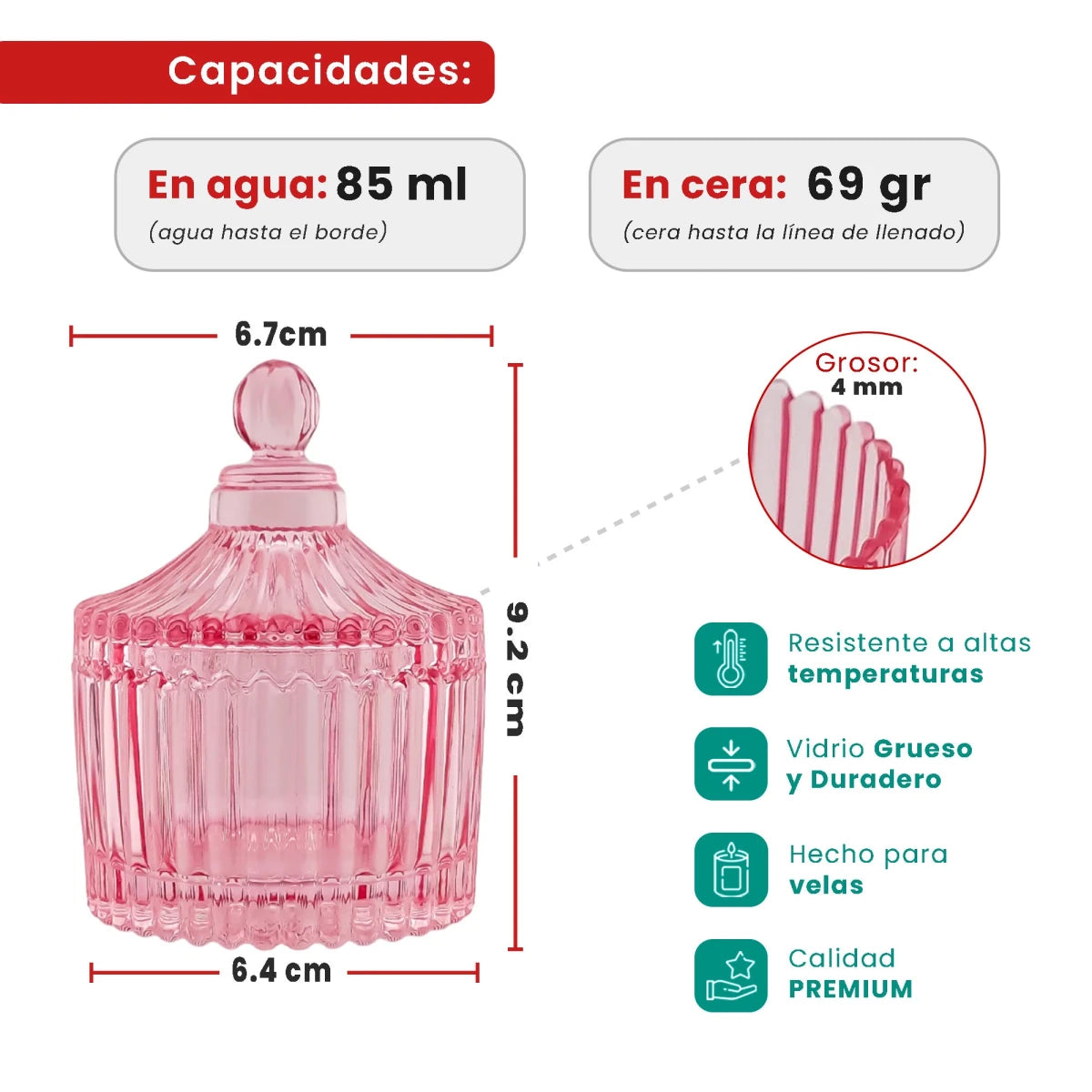 85ml - Versalles Vaso de Lujo de Vidrio para Velas - Frasco para Velas - Rosa Brillante - Candle Craft