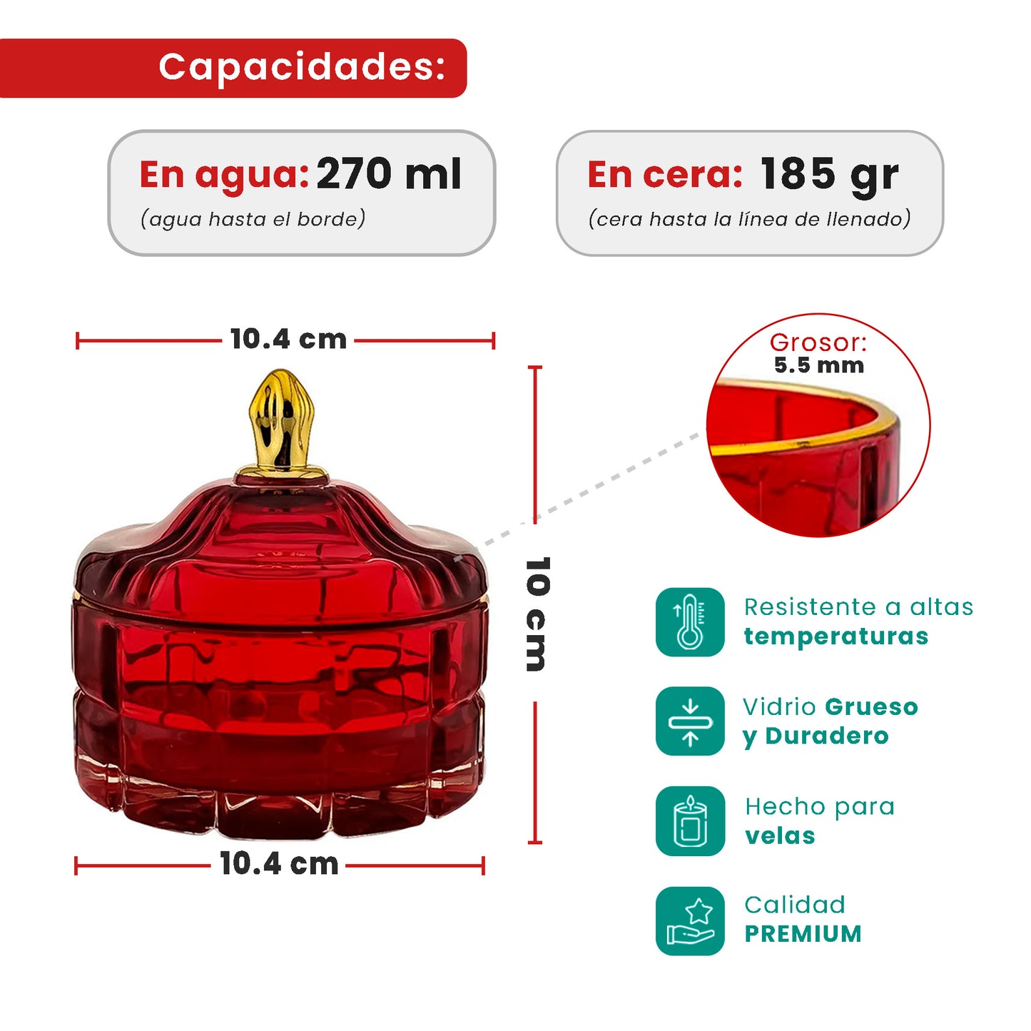 270ml - Cannes Vaso de lujo de vidrio para velas Rojo Vino Tinto - Frasco de Vidrio Rojo Cereza con Oro