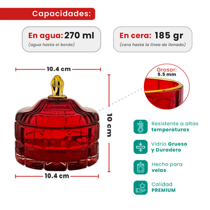 270ml - Cannes Vaso de lujo de vidrio para velas Rojo Vino Tinto - Frasco de Vidrio Rojo Cereza con Oro