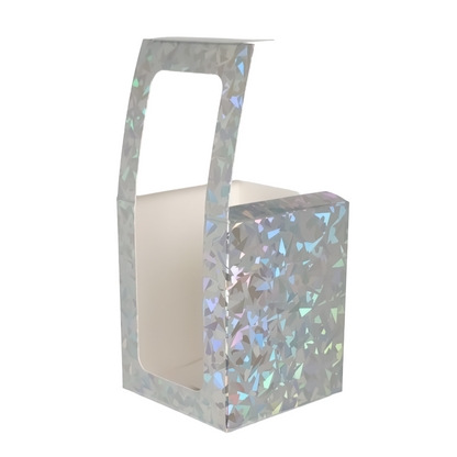 Caja Decorativa Cuadrada para Velas – Plateada - Patrón de Triángulos Brillantes con Ventana Transparente | Chica 8x10 cm