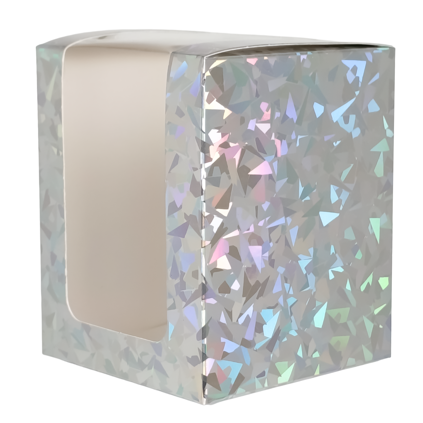 Caja Decorativa Cuadrada para Velas – Plateada - Patrón de Triángulos Brillantes con Ventana Transparente | Chica 8x10 cm