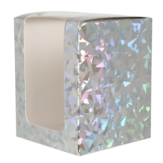 Caja Decorativa Cuadrada para Velas – Plateada - Patrón de Triángulos Brillantes con Ventana Transparente | Chica 8x10 cm