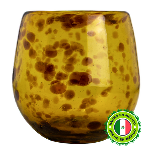 560 ml - Florencia Vaso de Vidrio Soplado Redondo Artesanal - Ámbar con puntos Café - Hecho a mano