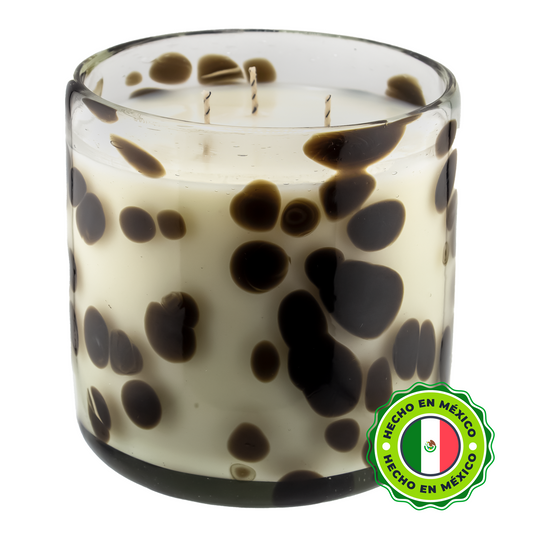 500ml - Florencia Vaso de vidrio soplado artesanal - Transparente / Manchas Puntos Café Negro - Hecho a mano