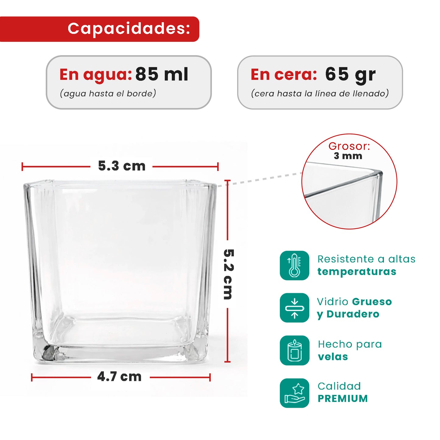 85ml - Glasgow Vaso cuadrado de vidrio para velas cubo - Frasco Cristal Transparente