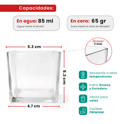 85ml - Glasgow Vaso cuadrado de vidrio para velas cubo - Frasco Cristal Transparente