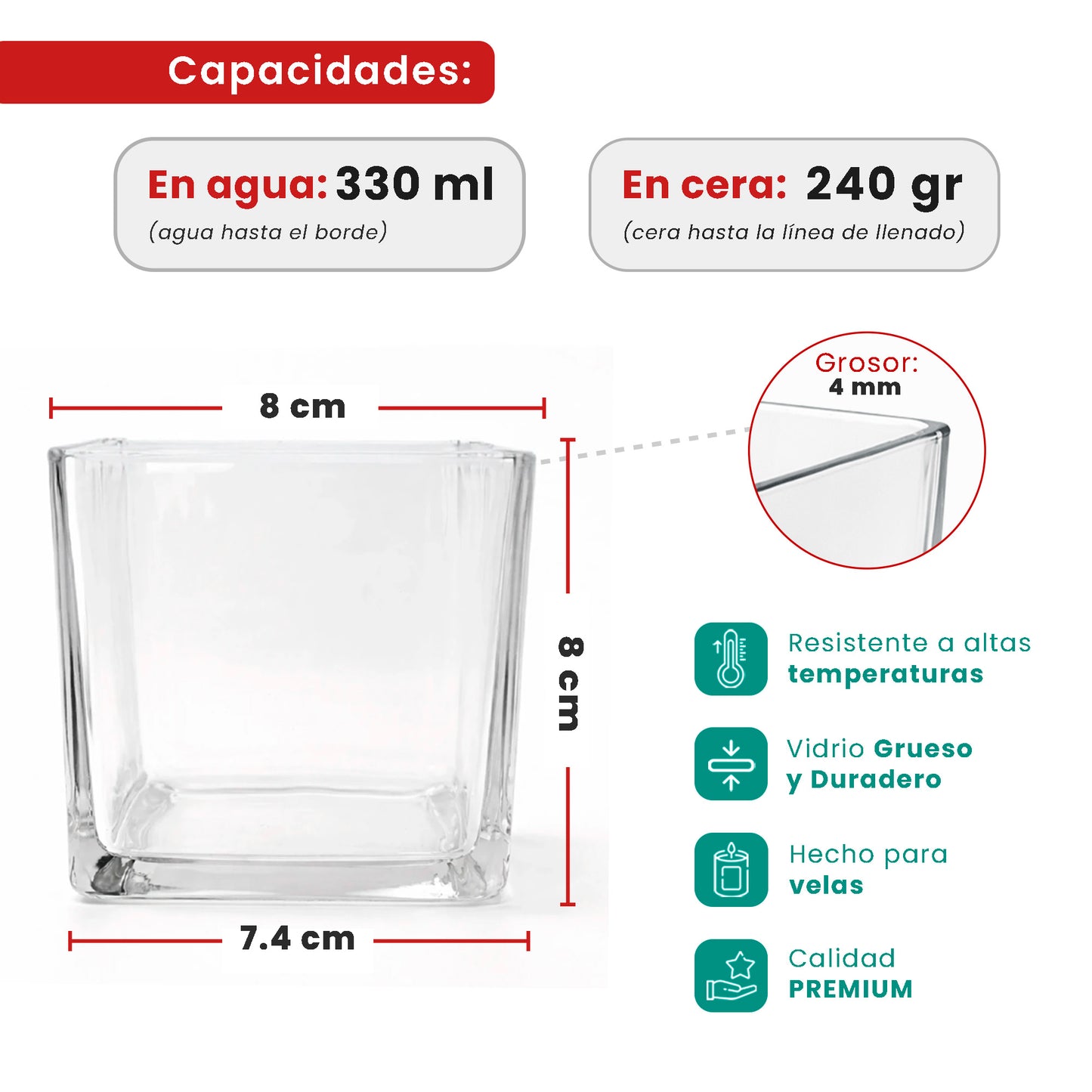 330ml - Glasgow Vaso cuadrado de vidrio para velas cubo - Frasco Cristal Transparente