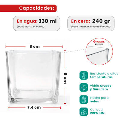 330ml - Glasgow Vaso cuadrado de vidrio para velas cubo - Frasco Cristal Transparente