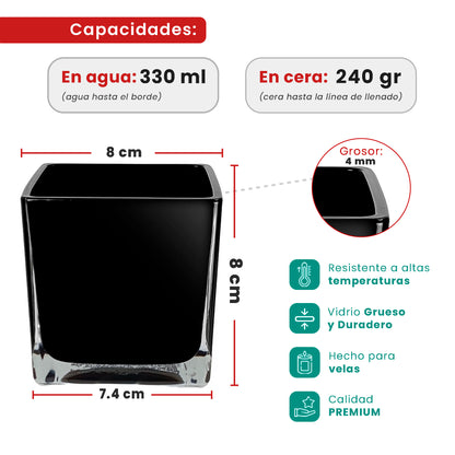 330ml - Glasgow Vaso Cuadrado de Vidrio para Velas Cubo - Frasco Negro Brillante