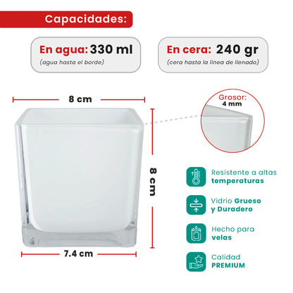 330ml - Glasgow Vaso Cuadrado de Vidrio para Velas Cubo - Frasco Blanco Brillante