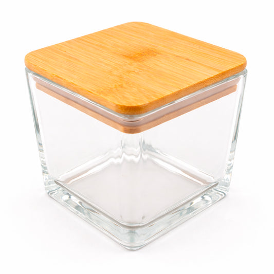 Set 330ml Glasgow Vaso cuadrado de vidrio para velas Transparente + Tapa de Bambú Cuadrada con Anillo de Silicón