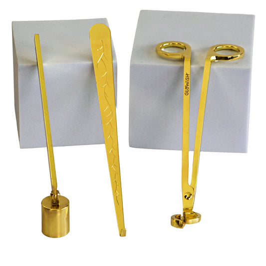 Apagavelas, Cortapabilo y Gancho de Pabilo - Kit de Herramientas para Cuidado de Velas - Dorado Metálico