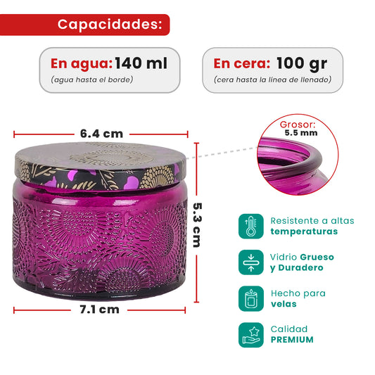 Set: 12 Piezas (2x 6 Colores con Relieve) - 140ml Londres - Frasco Vaso de vidrio para velas