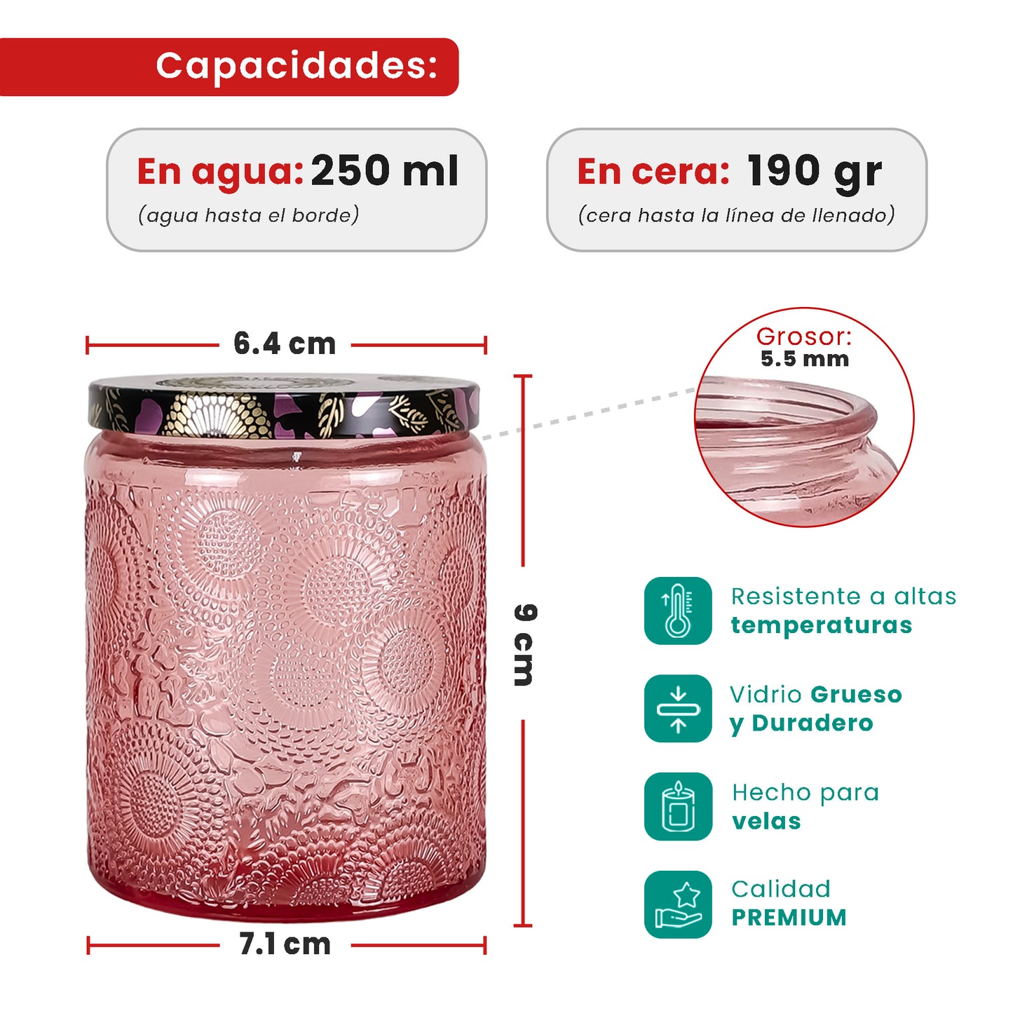 250ml - Londres Vaso de vidrio para velas - Frasco Rosa con Relieve
