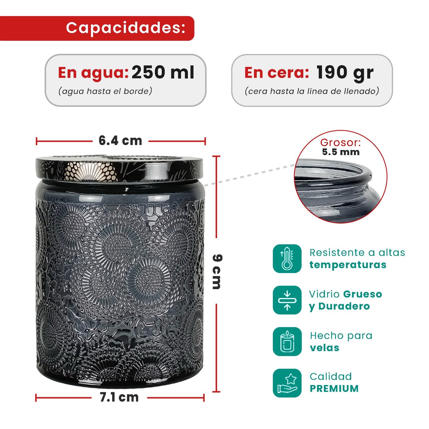 250ml - Londres Vaso de vidrio para velas - Frasco Gris Oscuro con Relieve