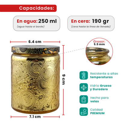 250ml - Londres Vaso de vidrio para velas - Frasco Dorado con Relieve