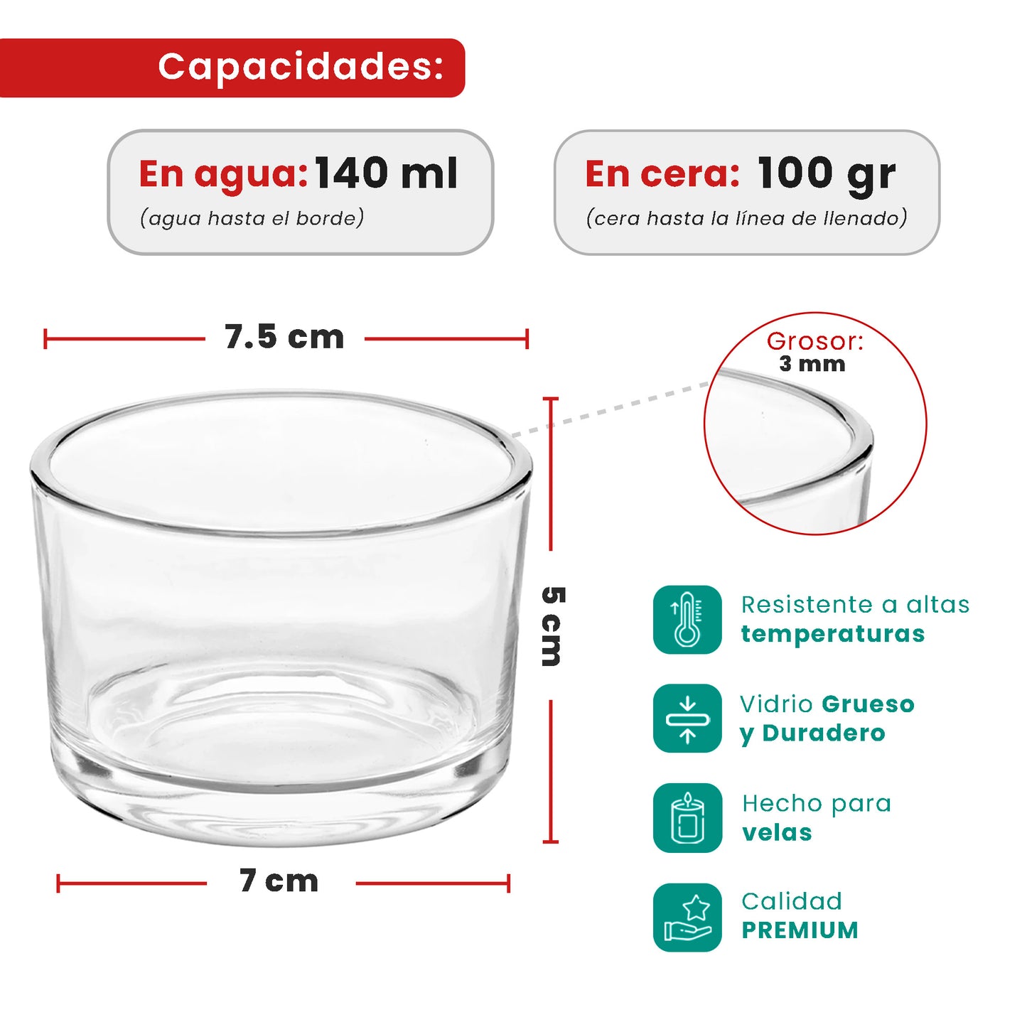 140ml - Mónaco Vaso de vidrio para velas - Frasco Cristal Transparente