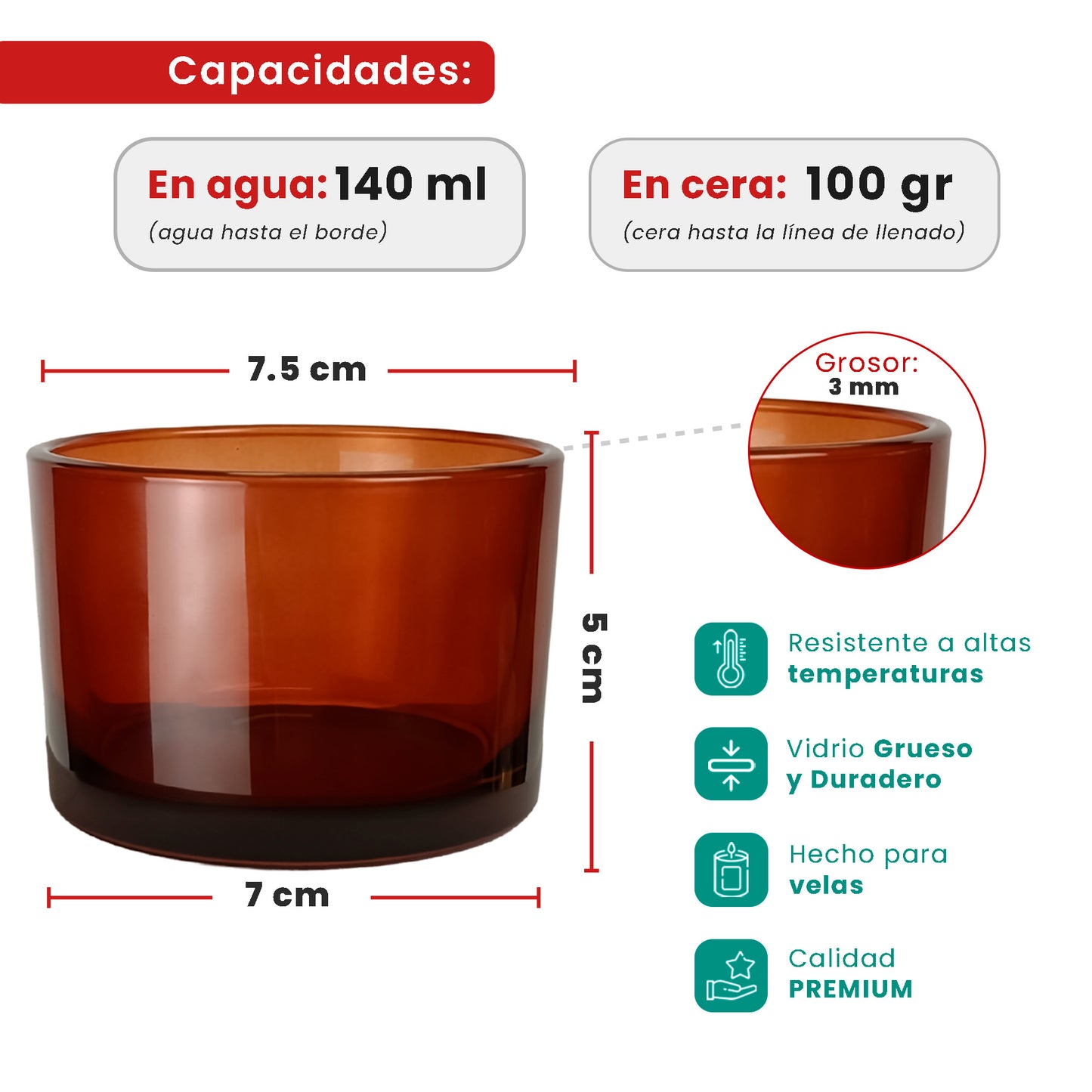 140ml - Mónaco Vaso de vidrio para velas - Frasco Ámbar Oscuro - Transparente