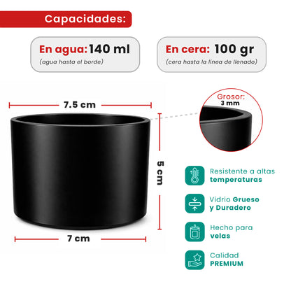 140ml - Mónaco Vaso de vidrio para velas - Frasco Negro Mate