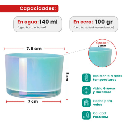 140ml - Mónaco Vaso de Vidrio para Velas Azul Bebé - Frasco Azul Claro Tornasol Arcoíris Brillante