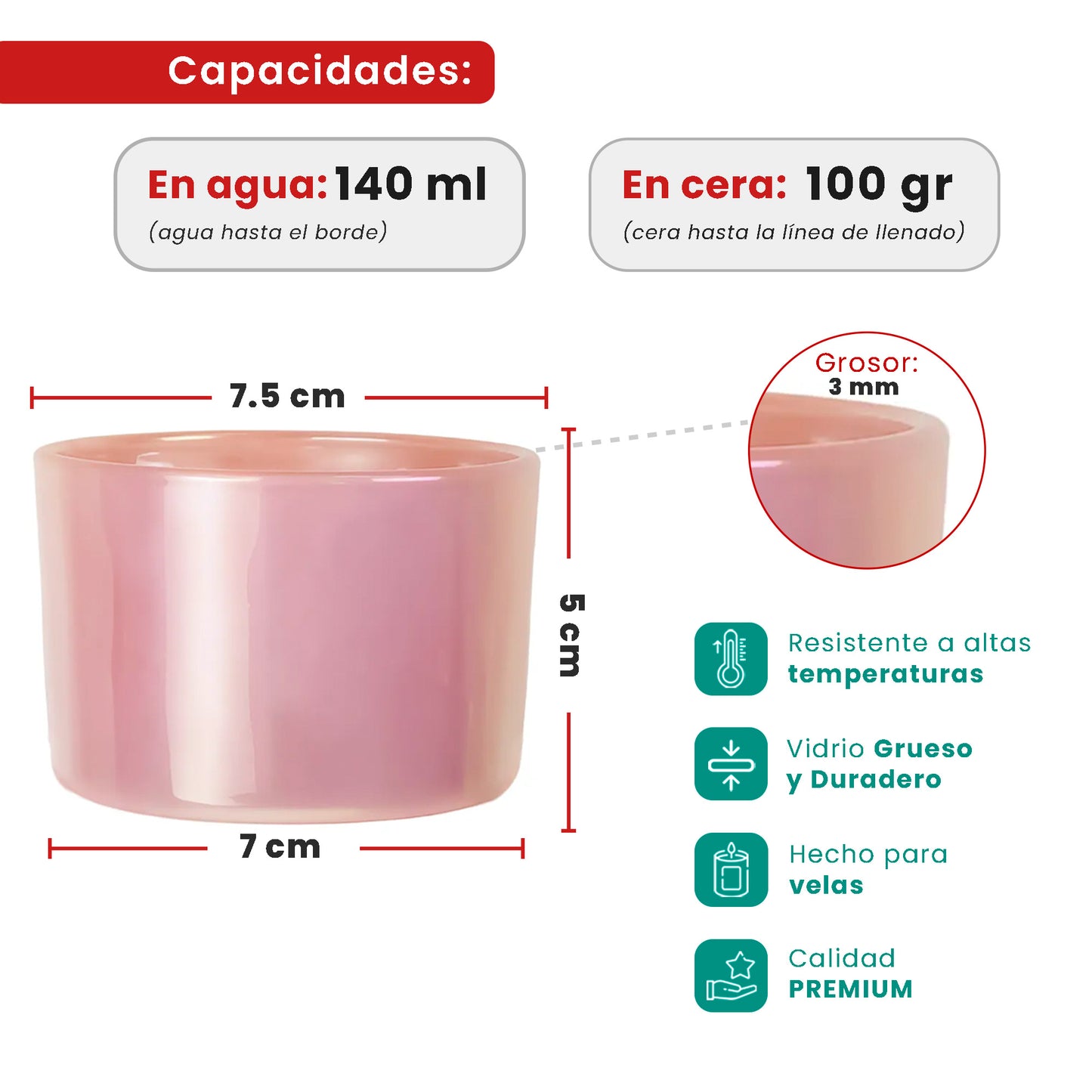 140ml - Mónaco Vaso de Vidrio para Velas - Frasco Rosa Tornasol Arcoíris Brillante