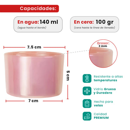 140ml - Mónaco Vaso de Vidrio para Velas - Frasco Rosa Tornasol Arcoíris Brillante