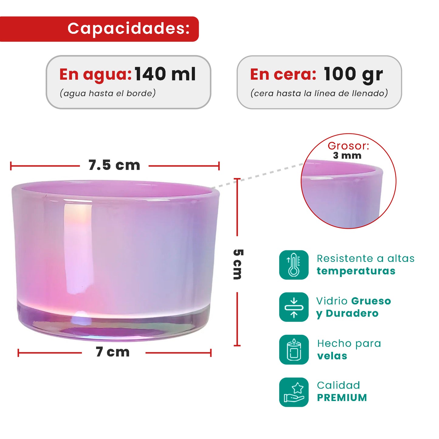 140ml - Mónaco Vaso de Vidrio para Velas - Frasco Morado Claro Tornasol Arcoíris Brillante