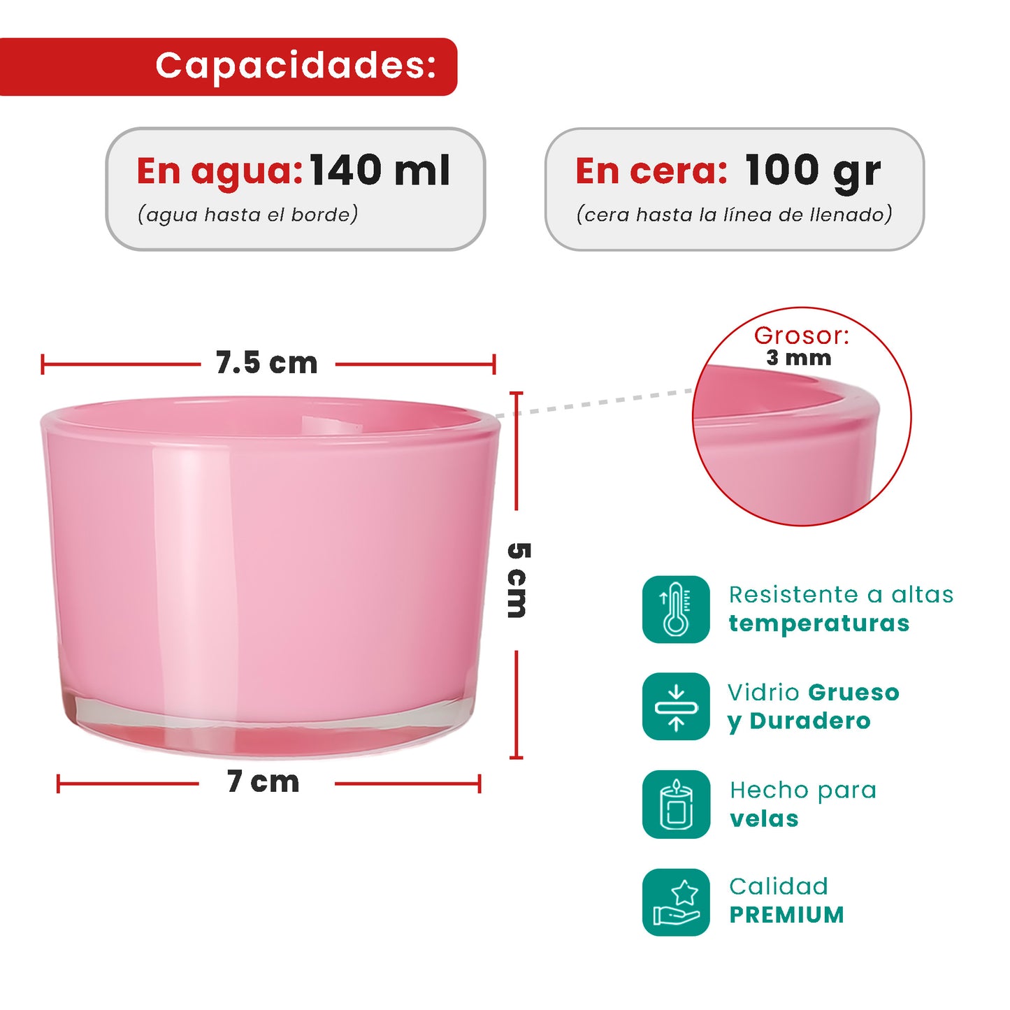 140ml - Mónaco Vaso de vidrio para velas - Frasco Rosa Claro Brillante