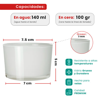 140ml - Mónaco Vaso de vidrio para velas - Frasco Blanco Brillante